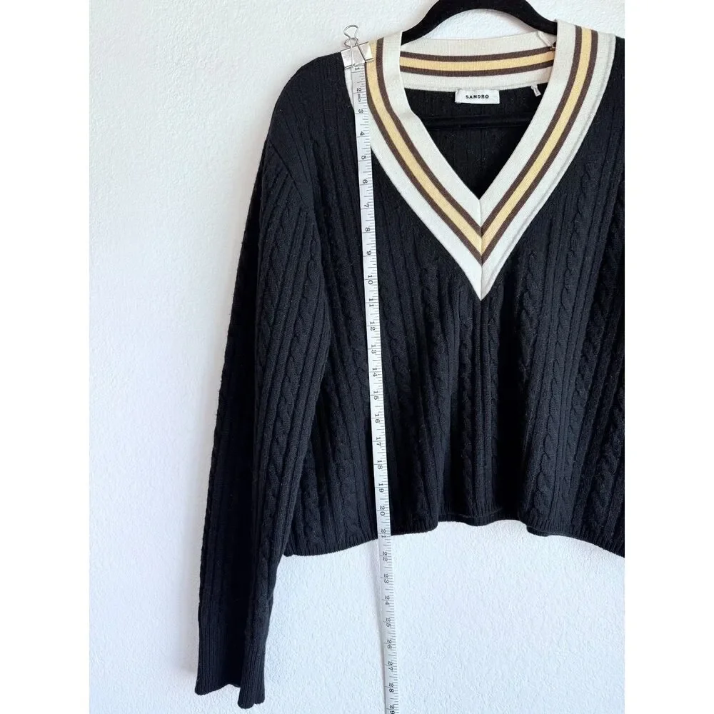 Sandro Contrast Stripe Cable Knit V-Neck Sweater in Navy White & Yellow Size 4 - Picture 13 of 15